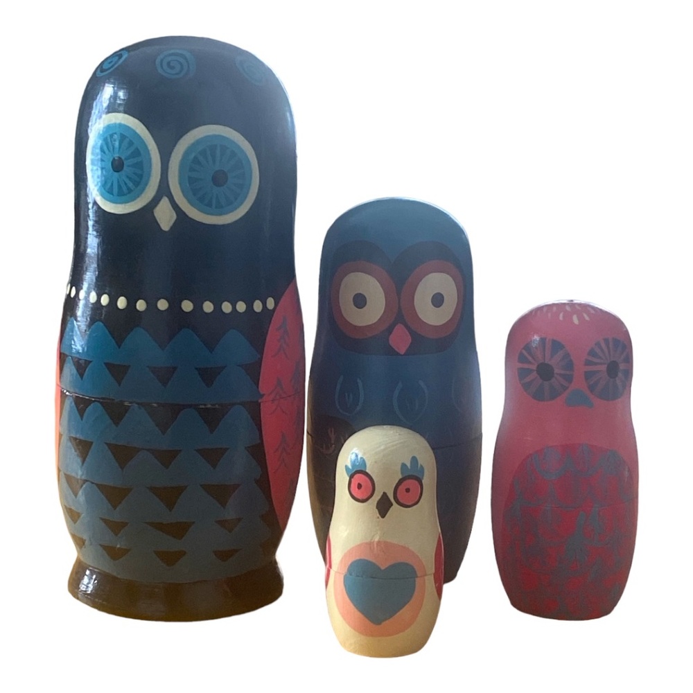 Vintage hand painted handmade wooden Owl Nesting Dolls